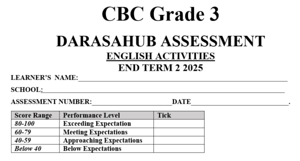 Grade 3 ENGLISH ACTIVITIES END TERM 2 ASSESMENT