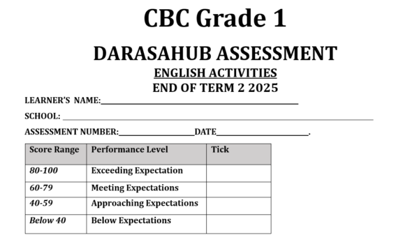 Grade 1 ENGLISH ACTIVITIES END OF TERM 2 ASSESMENT