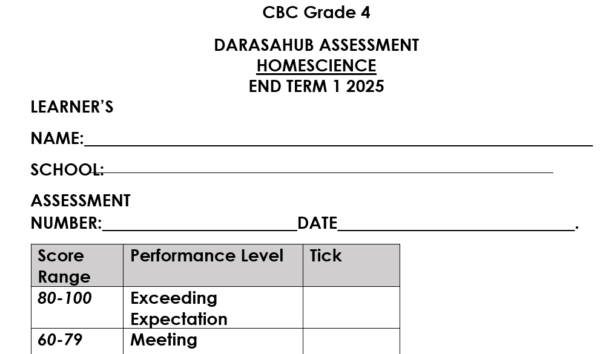 Grade 4 HOMESCIENCE END TERM 1 2025 ASSESMENT