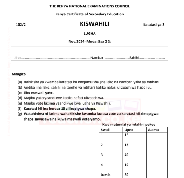 KCSE kiswahili past papers