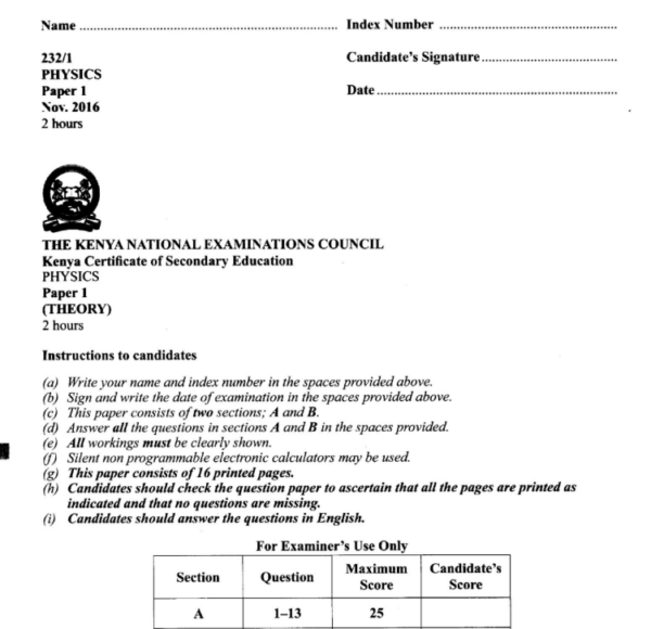 KCSE Physics past papers